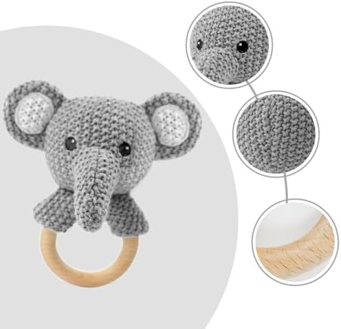 Baby Toys Stuffed Animals Handbell,Elephant Rattle Toy Wooden Rattle Toys for Baby,Knit Stuffed Animal Cute Rattle with Teether Ring Newborn Birthday Gifts（Elephant） - Image 3
