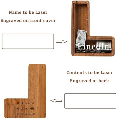 Personalized Large Wooden Kids Letter Piggy Bank - (Laser Engraved) Custom Piggy Bank for Boys Girls - Wooden Banks with Initials - Alphabet Money Box Bank Birthday Letter L Bank - Image 2