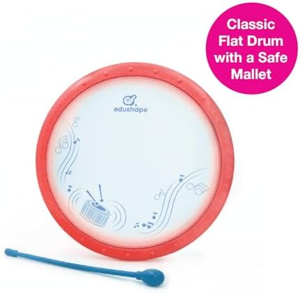 Edushape Classic Flat Drum for Baby with Easy-Grip Mallet - Set of 1 Red Color Baby Drum Toy for Toddlers, 2-Year Old and Up - Small Drums Musical Toy for Babies, Fun Tummy Time, Sensory Development - Image 2