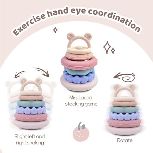 Stacking Rings Baby Toy, 7-Piece Silicone Baby Teething Toy, 6M+ Pink Jenga - Image 5