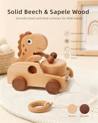 Wooden Dinosaur Pull Toy| Beech Wood Pull Along Dino for Toddlers - Image 2