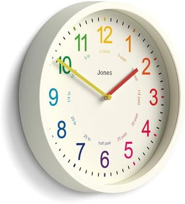 JONES CLOCKS® Kids Wall Clock | Small Modern Children’s Clock | 10 inch | Pale Cream | Colourful Numbers | Learn to Tell The time by JONESCLOCKS