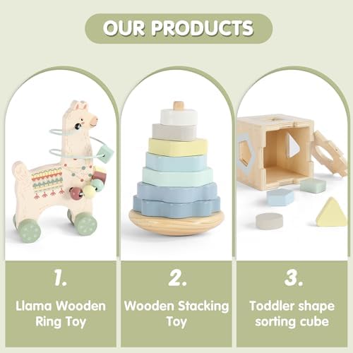 FReniland Montessori Toys for 1 Year Old，3-in-1 Wooden Baby Toys，Wooden Stacking Toy，Toddler Shape Sorting Cube, Llama Ring Toy,Newborn Baby Gift Sets for Boys and Girls - Image 6