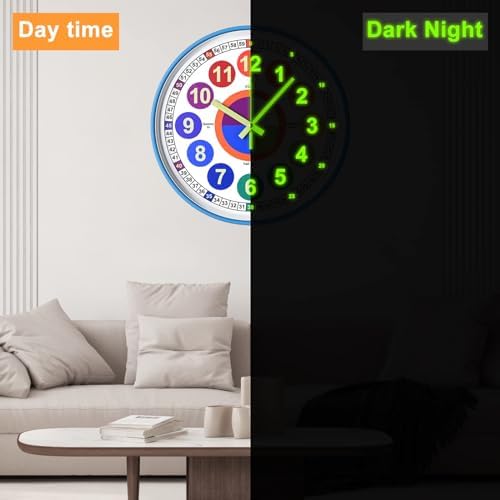 Learning Clock for Kids, Glow in The Dark Wall Clock for Bedroom, 12 Inch Silent Night Light Kids Wall Clock, Colorful Illuminated Telling Time Teaching Clock,Kids Room Decor - Image 2