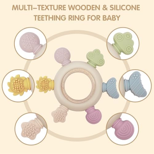 Baby Teether Ring for 0–12 Months, Detachable Wooden Silicone Teether with Easy-Grip Round Design, Sensory Teething Toy with Soft Textured Tips for Early Development - Image 2