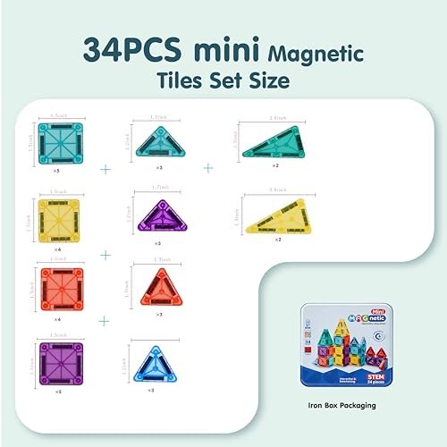 Mini Magnetic Tiles 34PCS Travel Set with Metal Box for Kids 3-6 - Image 4