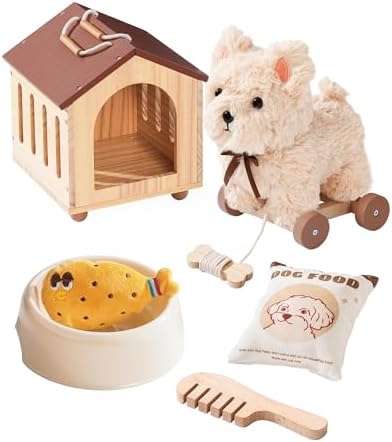 ROBOTIME Pull Dog Toy for Toddlers, Puppy Pet Care Pretend Play Set with Stuffed Animal, Dog House & Accessories, Walking Pull Along Toy, Educational Plush Gift for Boys and Girls by ROBOTIMEBuildingThingstoLife