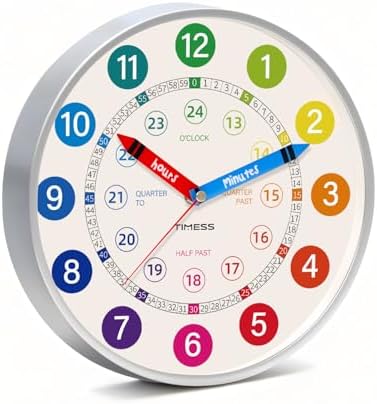 TIMESS 10-Inch Learning to Tell Time Wall Clock, Silent Non-Ticking by TIMESS