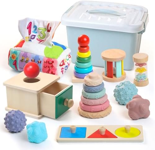 Montessori Toys for Babies 6-12 Months,8 in 1 Developmental Learning Toys Set Wooden Sensory Toys for Baby Toys 12-18 Months (Includes Tissue Box Toy,Stacking Cups and More) by Teekdeer