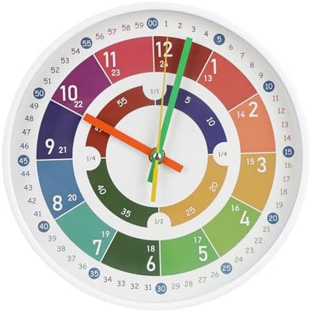 Kids Wall Clock Telling Time Silent Non-Ticking Learning Clock Colorful Teaching Wall Clocks Round Plastic Analog Educational Decor Clock for Classroom, Playroom, Bedroom(EDU2-White, 10 inch) by BAKBRAND