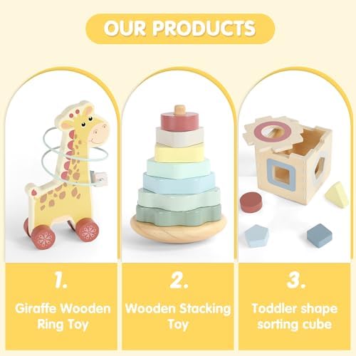 FReniland Montessori Toys for 1 Year Old，3-in-1 Wooden Baby Toys，Wooden Stacking Toy，Toddler Shape Sorting Cube, Giraffe Ring Toy,Newborn Baby Gift Sets for Boys and Girls - Image 6