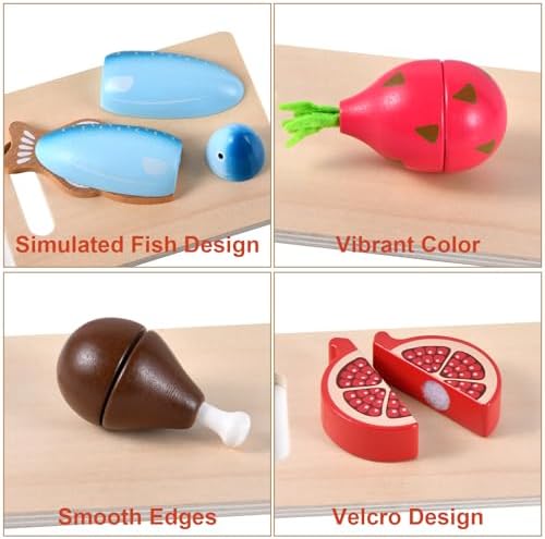 WHOHOLL 45 Pcs Wooden Play Food Cutting Toys for Kids Kitchen, Pretend Fruit and Vegetable Set with Storage Bucket, Play Kitchen Accessories Birthday Gift for Boys Girls Ages 3 4 5 6 - Image 4