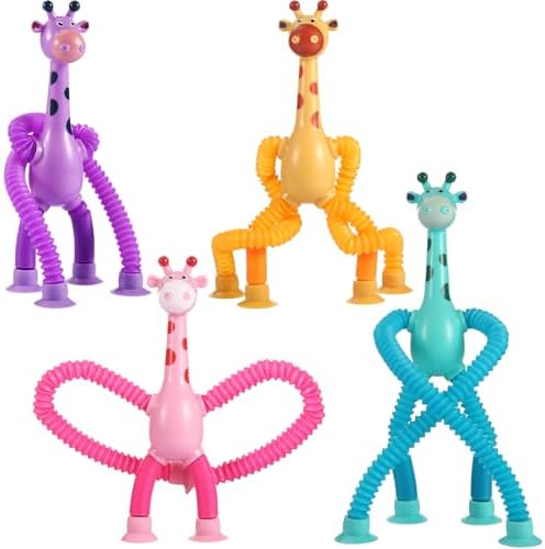 XONTEUS 4 Pcs Pop Tubes Giraffe Travel Airplane Road Trip Car Activities Essential,Telescopic Suction Cup Sensory Toys,Screen-Free Activity for Toddler,Stocking Stuffers for Kids by XONTEUS