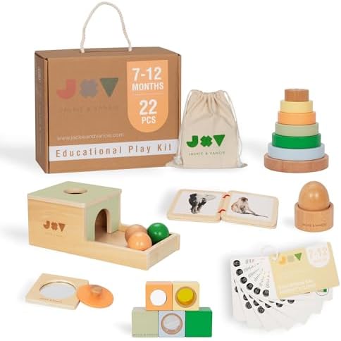 Jackie & Vancie Montessori Toy Set for Babies 7-12 Months Play Kit 6-in-1 Wooden Learning Toys with Object Permanence Box, Ring Stacker, Egg & Cup, Multipurpose Blocks and Mirror Puzzle by JackieVancie