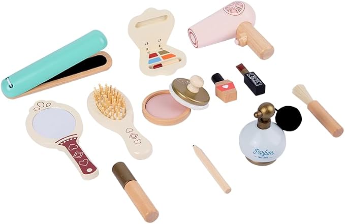 Practical Life Care of Self Wooden Makeup Toy Set 12-Piece Girls Imaginative Dress up Pretend Play Beauty Bag Makeup Set Toy for Girls Birthday Gift Ages 3 4 5 6 7 8+ Years Old by EduLandMontessori