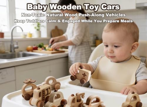 8 Pack Wooden Toy Cars for Toddlers 1-3, Montessori Push Pull Baby Toys, FSC Natural Wood Vehicles Set, Gift for 1 2 3 Year Old Boys Girls - Image 2