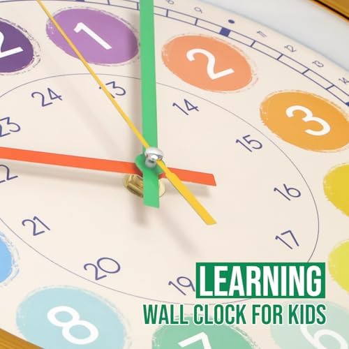 Kids Wall Clock Telling Time Silent Non-Ticking Learning Clock Colorful Teaching Wall Clocks Round Plastic Analog Educational Decor Clock for Classroom, Playroom, Bedroom (EDU3-Wood, 10 inch) - Image 5
