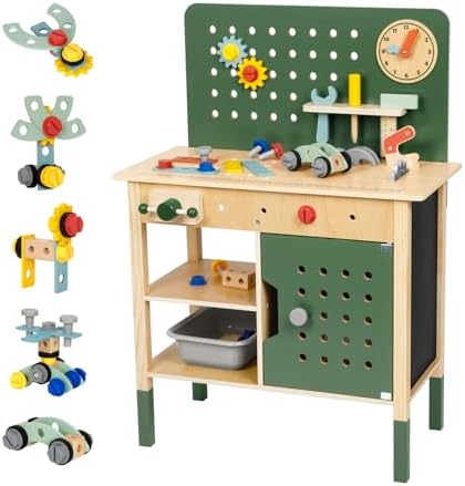 OOOK Kids Tool Bench，Wooden Toddler Workbench with Tools Set，Large Storage Wooden Tool Workbench for Kids Age 3-5，Pretend Play Construction Set Gift for Boys Girls by OOOK