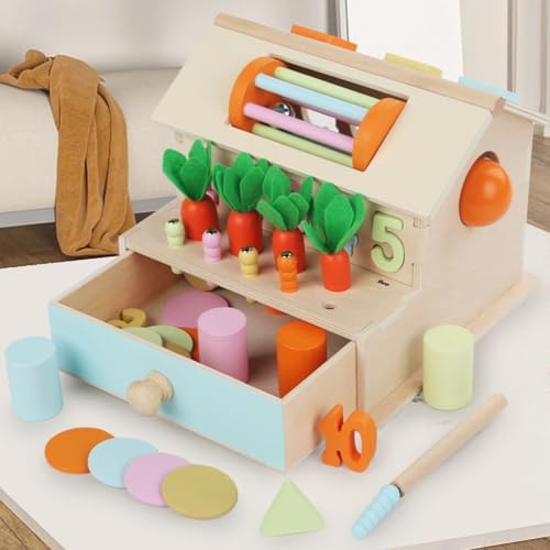 5-in-1 Montessori Activity Cube, Pull Carrot, Coin Drop & Shape Matching Sensory Box - Image 4