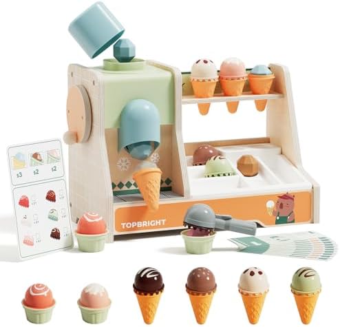 TOP BRIGHT Wooden Ice Cream Set with Scoop, Pretend Play Toy Ages 3+ by TOPBRIGHT