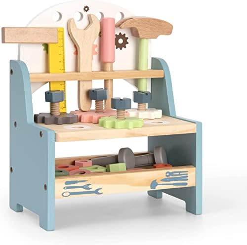 ROBOTIME Tool Bench Set for Toddlers - Mini Wooden Work Bench for Kids, Construction Toys w/Wooden Tools, Educational Pretend Play Gift Building Toy Tools Set for 18 Months 2 3 4 5 Boys Girls by ROBOTIMEBuildingThingstoLife