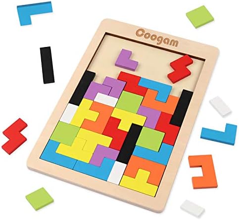 Coogam Wooden Blocks Puzzle Brain Teasers Toy Tangram Jigsaw Intelligence Colorful 3D Russian Blocks Game STEM Montessori Educational Gift for Kids (40 Pcs) by Coogam
