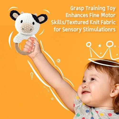Cow Baby Rattle Sensory Toy Knitted Plush Stuffed Animal Teether Wood Ring Visual Tracking Auditory Development Shaker for Infants 3-9 Months Baby Birthday Shower Gift Infant Toys Gift - Image 6