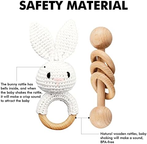 Wooden Baby Rattle, Crochet White Bunny Rattle and Wood Rattle Set, Newborn Wooden Animal Rattle Toy, Baby Wooden Rattle Toy 2PCS - Image 2