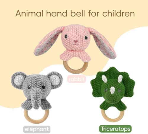 Baby Toys Stuffed Animals Handbell,Elephant Rattle Toy Wooden Rattle Toys for Baby,Knit Stuffed Animal Cute Rattle with Teether Ring Newborn Birthday Gifts（Elephant） - Image 6
