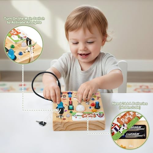Sanlebi LED Busy Board for Toddlers 1-3,Montessori Toy with Key Switch, Light Up Wood Activity Sensory Board for Fine Motor Skills, Educational Travel Toy Gift for 1 2 3 Year Old Boys Girl - Image 4
