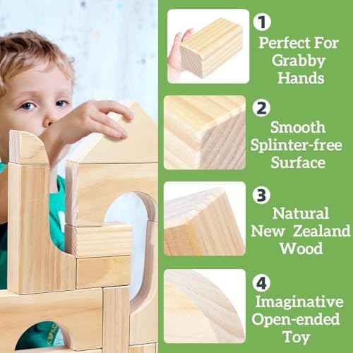 Large Wood Building Blocks with Wooden Storage Tray, 64-Piece Hardwood Sorting & Stacking Toys for Building & Balancing, Educational Preschool Learning Toys for 3+ Year Old Boy and Girl Gifts - Image 2