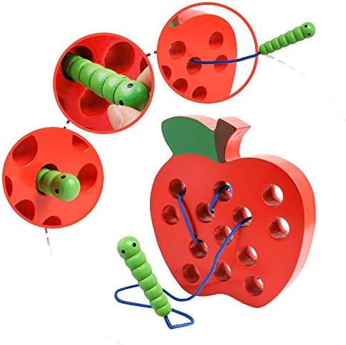 JCREN Wooden Lacing Apple Threading Toys Wood Apple Block Puzzle Travel Game Toys Early Learning Fine Motor Skills Montessori Educational for Baby Toddlers Kids 3 4 5 Years Old - Image 2