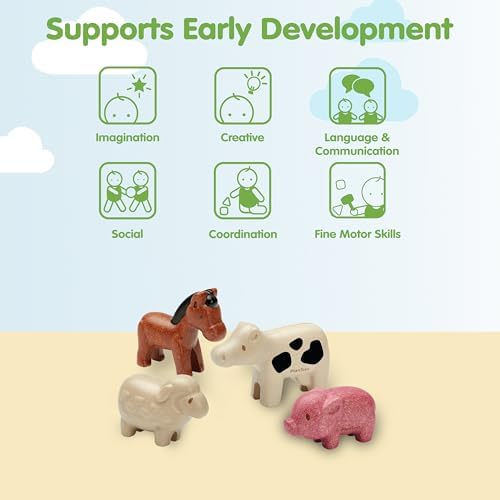 PlanToys Farm Animal Figurines Set - Four Cute Sustainably-Made Wood Pig, Sheep, Cow, and Horse Figures to Stimulate Interactive and Creative Play - Image 4