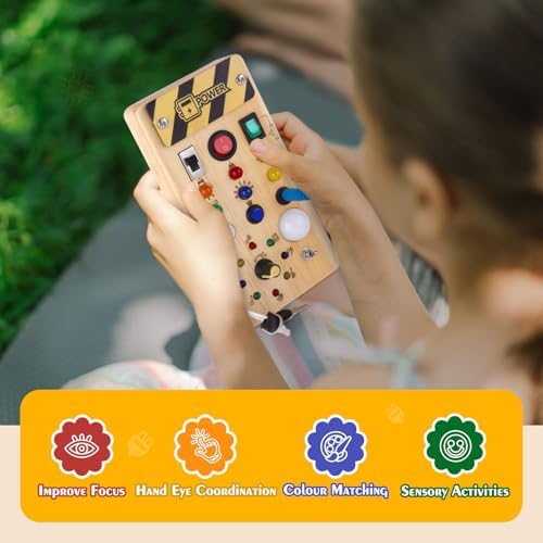 Hoarosall Montessori Wooden Busy Board with 8 LED Light switches, Sensory Toys Light Switch Travel Toys for 1+ Year Old Baby and Toddler - Image 5