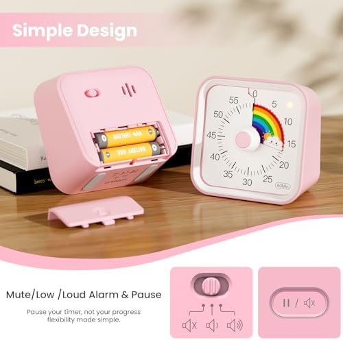 Visual Timer for Kids, Rainbow Timer with Pause Function, Pink - Image 5