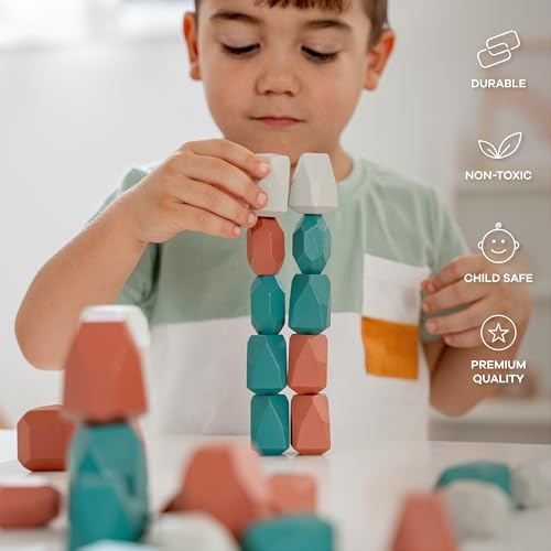 Comfy Cubs Stacking Rocks 36 Pieces, 36 Months+, Educational Toddler Stacking Blocks, Promotes Imagination, Balance & Fine Motor Skills - Wooden Rocks Sensory Toys Gift for Kid, Dino Pack - Image 4