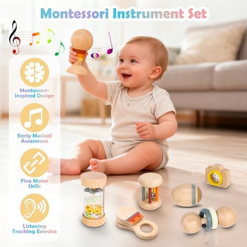 Montessori Wooden Baby Toys 0-12 Months, 7-Piece Sensory Rattle & Music Set - Image 2