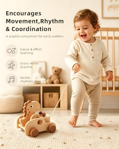 Wooden Dinosaur Pull Toy| Beech Wood Pull Along Dino for Toddlers - Image 5