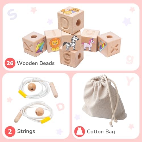 Bimi Boo Alphabet Lacing Letters for Toddlers - ABC Lacing Beads, Fine Motor Threading Wooden Toy with Objects & Animals (26 Large Stringing Blocks, 2 Ropes, Cotton Bag) - Image 3