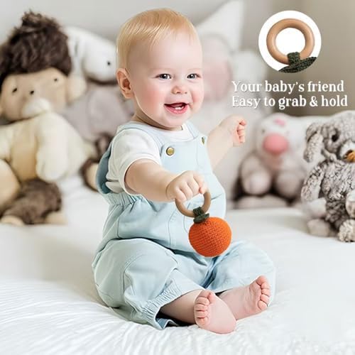 Wooden Baby Rattle Toys Stuffed Crochet Rattle with Teether Ring for Newborn Babies Fruit Wooden Teether Toy Infant Toddler Handcrafted Crochet Rattles Cute Shower Gifts for Boy and Girls - Image 7