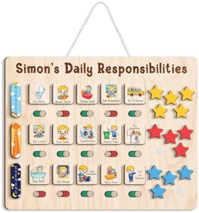TinyKidz Large Daily Responsibilities for Toddlers 12x15", Wooden Daily Routine with Star Reward, Wooden Routine Chart for Kids by TinyKidz