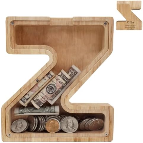 Wooden Letter Piggy Bank for Kids Boys Girls,Personalized Piggy Bank (Laser Engraving),A-Z Letters Coin Bank Money Box Customized Name, for Family Christmas Birthday Gift (Z) by FINDAMAZE