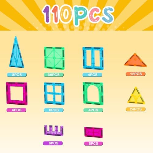 FNJO Magnetic Tiles, 110PCS Magnet Building Set, Magnetic Building Blocks, Construction STEM Learning and Playing Toys for Kids, Montessori Toy for Preschool Boys Girls - Image 5