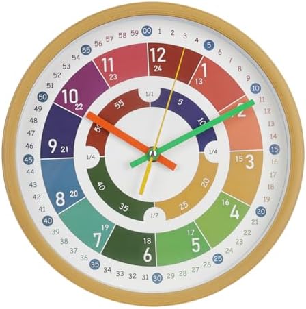 Kids Wall Clock Telling Time Silent Non-Ticking Learning Clock Colorful Teaching Wall Clocks Round Plastic Analog Educational Decor Clock for Classroom, Playroom, Bedroom (EDU2-Wood, 10 inch) by BAKBRAND