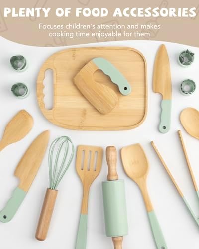 Wooden Kids Cooking Set Montessori Kit - Real Toddler Kitchen Tools & Baking Utensils - 30PCS Cooking Kit for Kids with Storage Bag, Great Gift for Pretend Play & Montessori Learning (Green) - Image 4