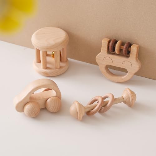 Chriswell Wooden Baby Rattle Set, Newborn Wooden Rattle Toy, Natural Wooden Montessori Baby Grip Toy, Baby Gift Toy, Wood Rattle Set-6 by Chriswell