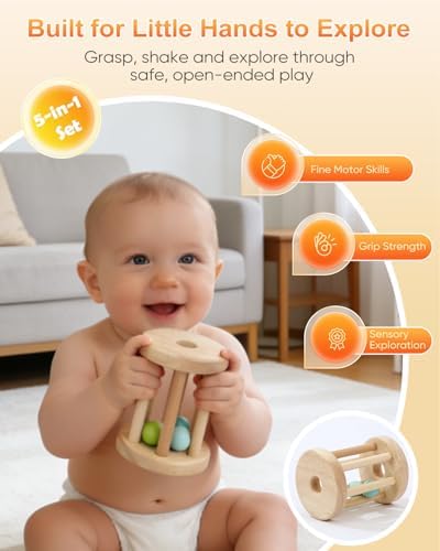 Montessori Toys for Babies 0-6 6-12 Months, Sensory Developmental Baby Toys, Tummy Time Toy - 5 in 1 Wooden Learning Toy Set, High Contrast Cards, Mirror & Spinning Drum for Newborn Infant Gift - Image 4
