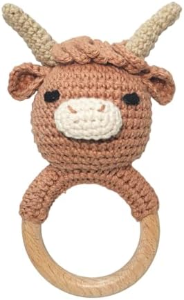 Wooden Baby Rattle for Boys and Girls, Crochet Stuffed Animal for Newborn, 3 4 5 6 Month Toys, Highland Cow by Vlokup