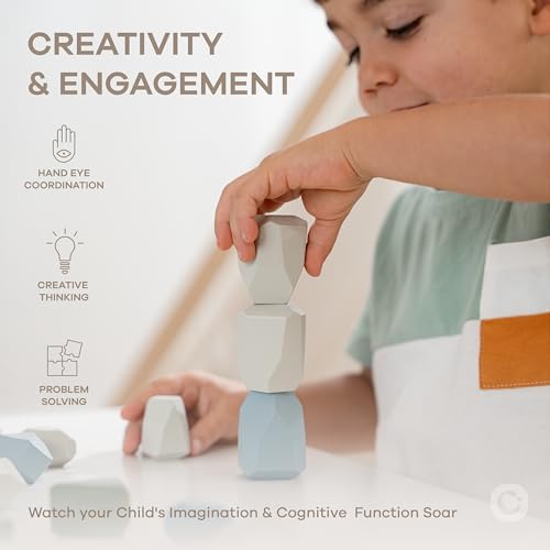 Comfy Cubs Stacking Rocks 36 Pieces, 36 Months+, Educational Toddler Stacking Blocks, Promotes Imagination, Balance & Fine Motor Skills - Wooden Rocks Sensory Toys Gift for Kid, Boy Pack - Image 3