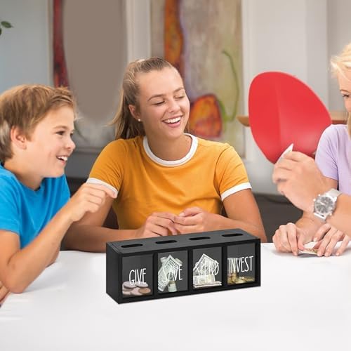 Save Spend Give Bank for Kids, Wooden Piggy Bank with 4 Compartments, Transparent Wall-Mount Savings Box with Magnetic Lid, Black - Image 2